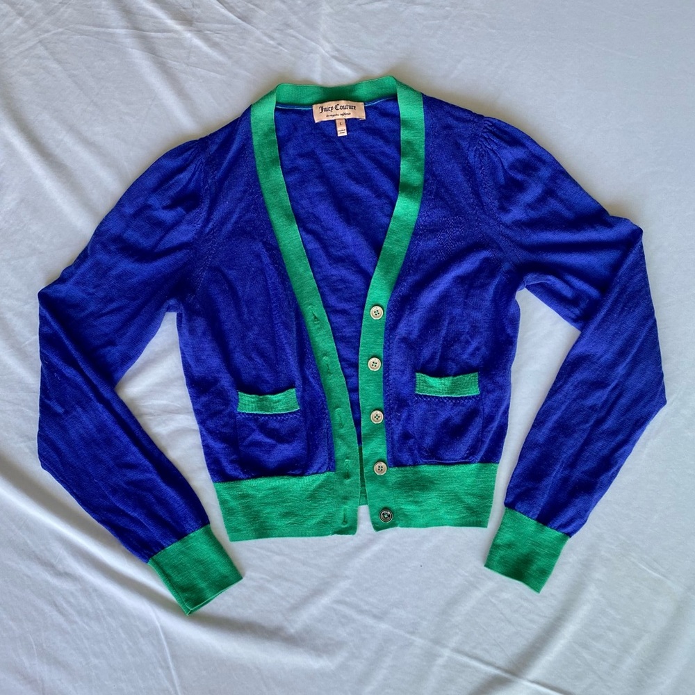 Juicy Couture Cropped Blue and Green Cardigan Size L but can fit S/M